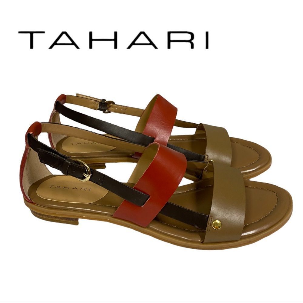NEW Tahari Women's Aura Tan Orange Crush Leather Gladiator Style Sandals 9.5